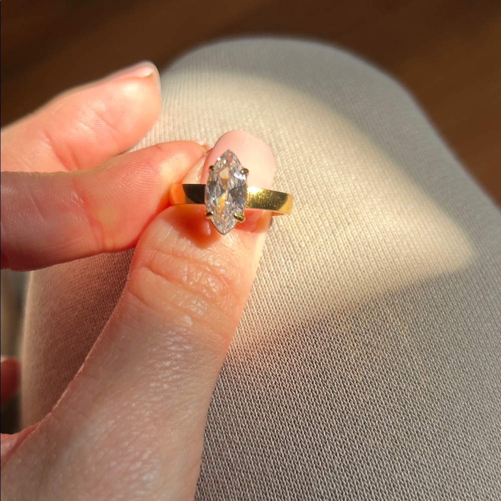 Gold colored Marquise-Cut Solitaire Ring with Clear Stone - Women Jewelry